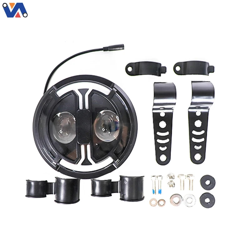 OUXI V8 round LED headlight with mounting brackets and hardware pictured