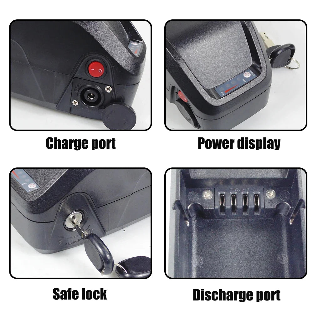 Battery charging port, indicator, lock and discharge-port details
