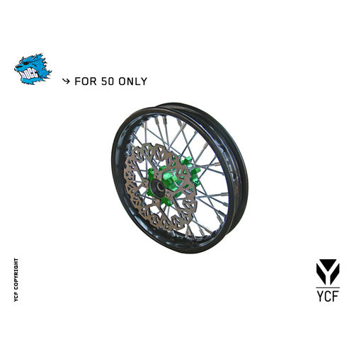 YCF COMPLETE STEEL FRONT WHEEL 50A/50E GREEN – product image 1