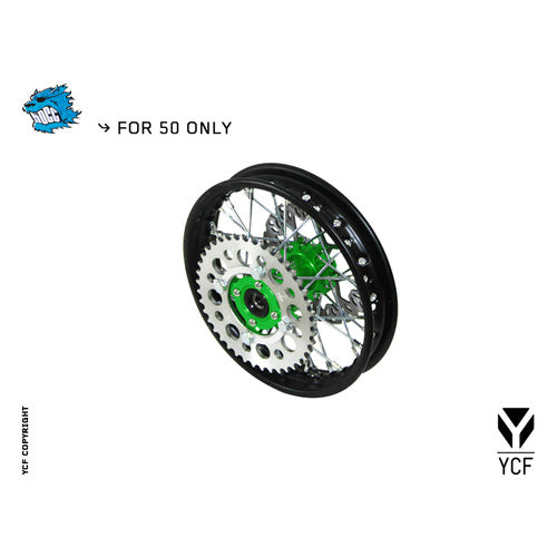 YCF 50A/50E STEEL REAR WHEEL 1.40 GREEN HUB – product image 1